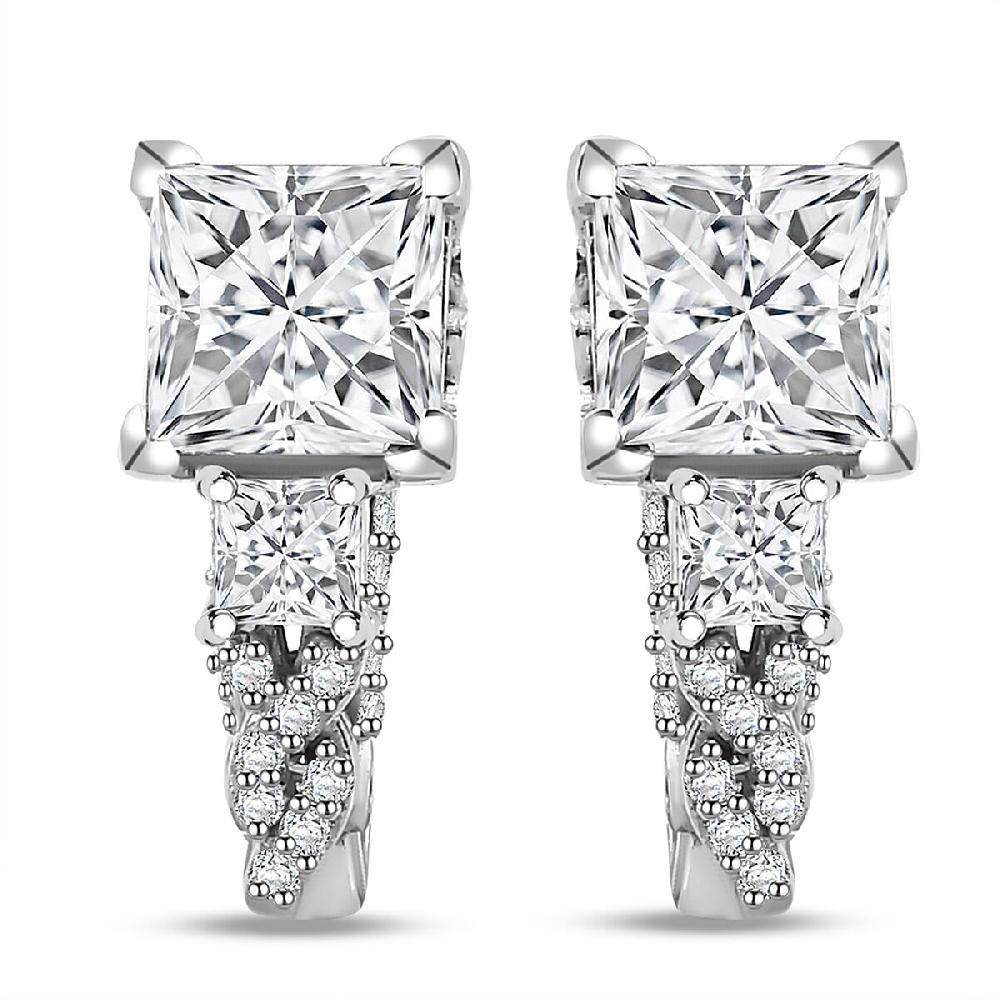 D'Joy Princess Cut Moissanite Sapphire J-Hoop Earrings in Rhodium Over Sterling Silver 3.10 ctw