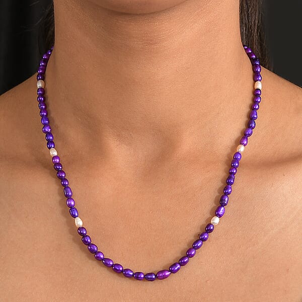 D'Joy Purple Dyed Pearl And Freshwater Pearl Necklace In Rhodium Over Sterling Silver 18 Inches