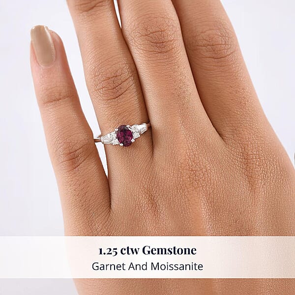 D'Joy Radiant Ember Garnet And Moissanite 1.25 Ctw Ring In Rhodium Over Sterling Silver