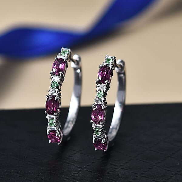 D'Joy Radiant Ember Garnet And Multi Gemstone 2.10 Ctw Garden Link Hoop Earrings In Rhodium Over Sterling Silver