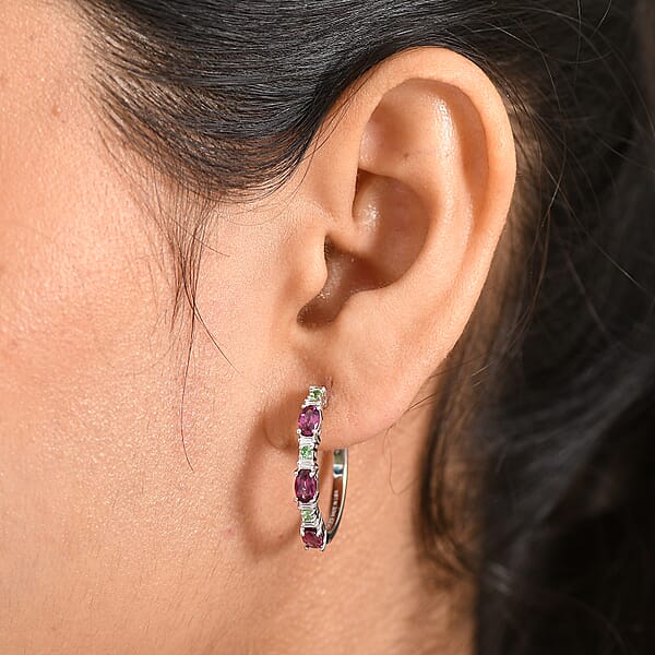 D'Joy Radiant Ember Garnet And Multi Gemstone 2.10 Ctw Garden Link Hoop Earrings In Rhodium Over Sterling Silver