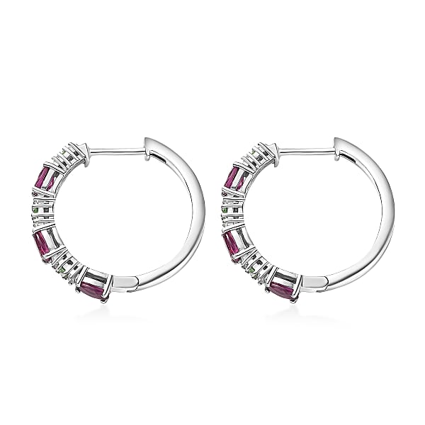 D'Joy Radiant Ember Garnet And Multi Gemstone 2.10 Ctw Garden Link Hoop Earrings In Rhodium Over Sterling Silver
