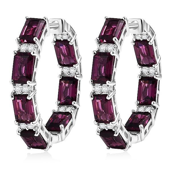D'Joy Radiant Ember Garnet And White Zircon 10.40 Ctw Hoop Earrings In Rhodium Over Sterling Silver