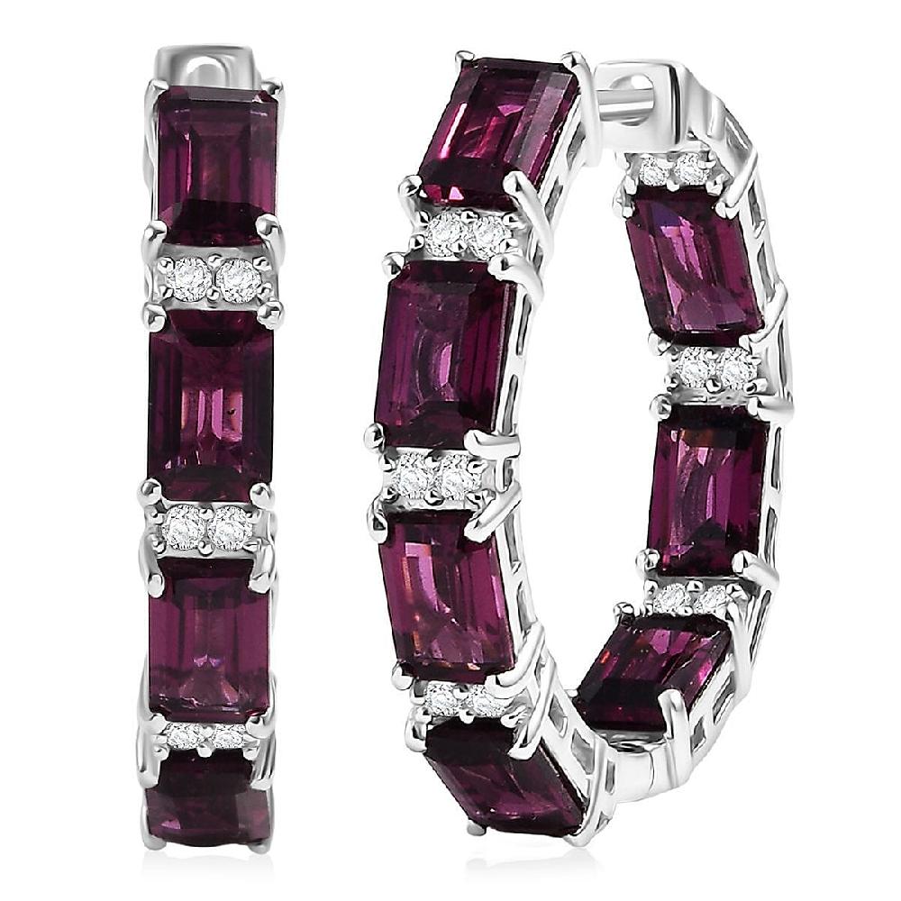 D'Joy Radiant Ember Garnet and White Zircon 10.40 ctw Hoop Earrings in Rhodium Over Sterling Silver