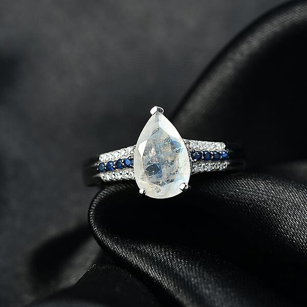 D'Joy Rainbow Moonstone Multi Gemstone Ring In Rhodium Over Sterling Silver 2.25 Ctw