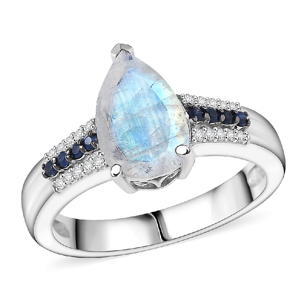 D'Joy Rainbow Moonstone Multi Gemstone Ring in Rhodium Over Sterling Silver 2.25 ctw