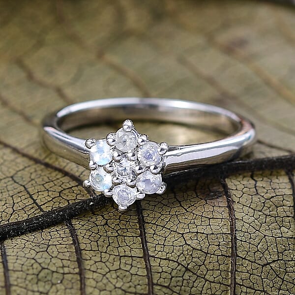 D'Joy Rainbow Moonstone White Zircon Ring In Rhodium Over Sterling Silver 0.40 Ctw