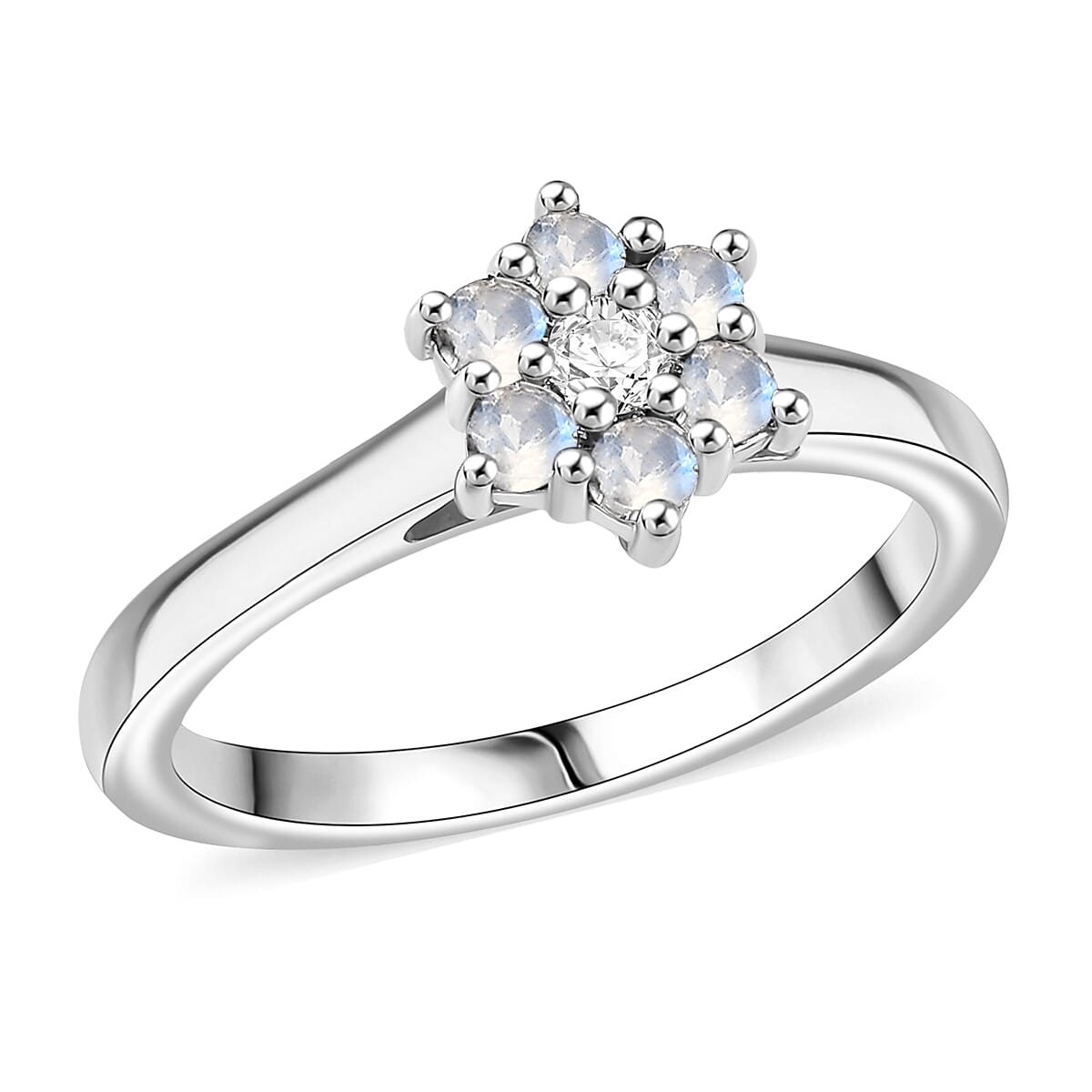 D'Joy Rainbow Moonstone White Zircon Ring in Rhodium Over Sterling Silver 0.40 ctw
