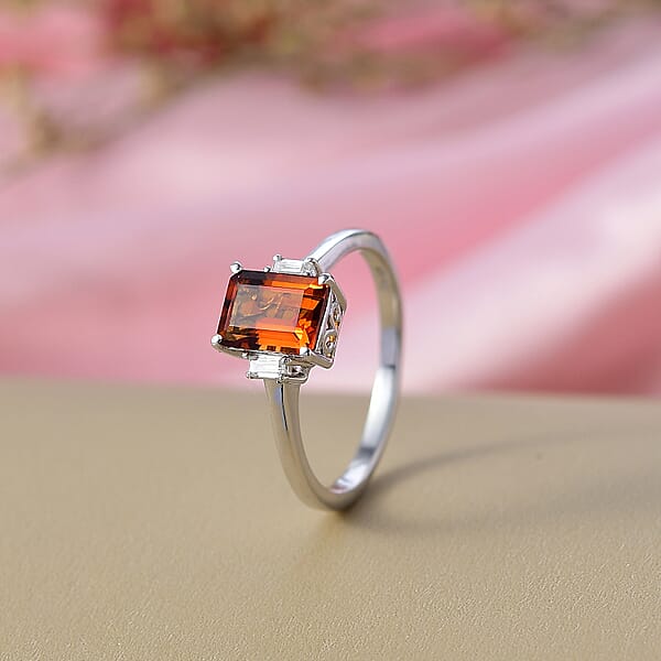 D'Joy Red Citrine And Moissanite 1.65 Ctw Ring In Rhodium Over Sterling Silver
