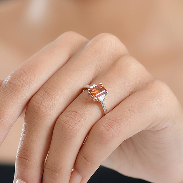 D'Joy Red Citrine And Moissanite 1.65 Ctw Ring In Rhodium Over Sterling Silver