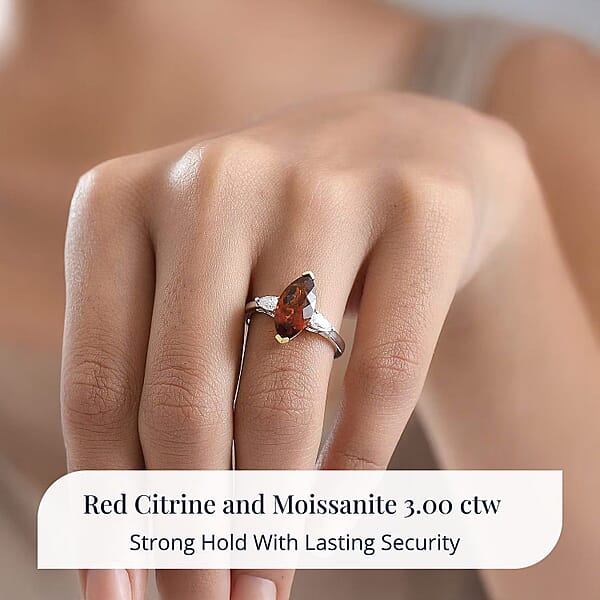 D'Joy Red Citrine Moissanite Ring In Rhodium Over Sterling Silver 3.00 Ctw