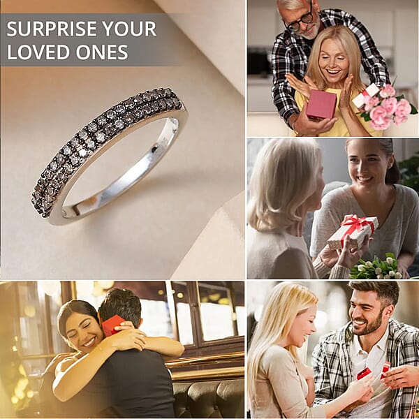 D'Joy Red Diamond 0.25 Ctw Double Row Band Ring In Rhodium Over Sterling Silver