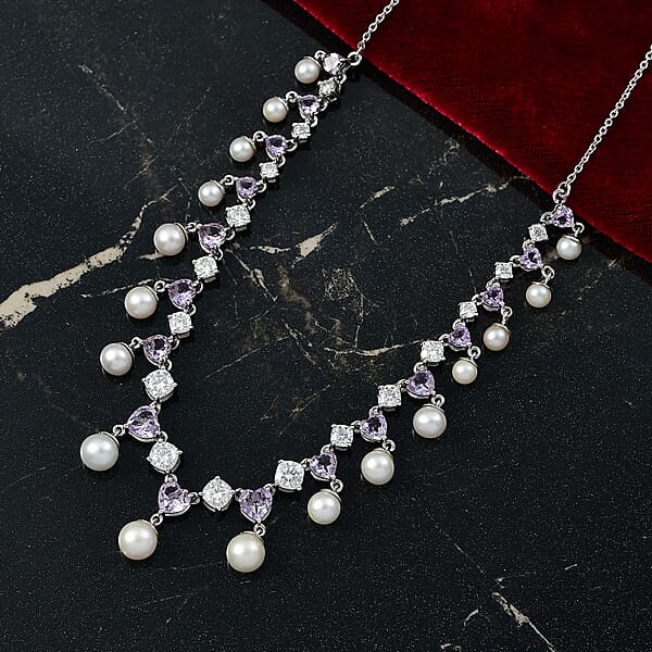 D'Joy Rose De France Aemthyst Multi Gemstone Necklace In Platinum Over Sterling Silver 12.20 Ctw (18 Inches)