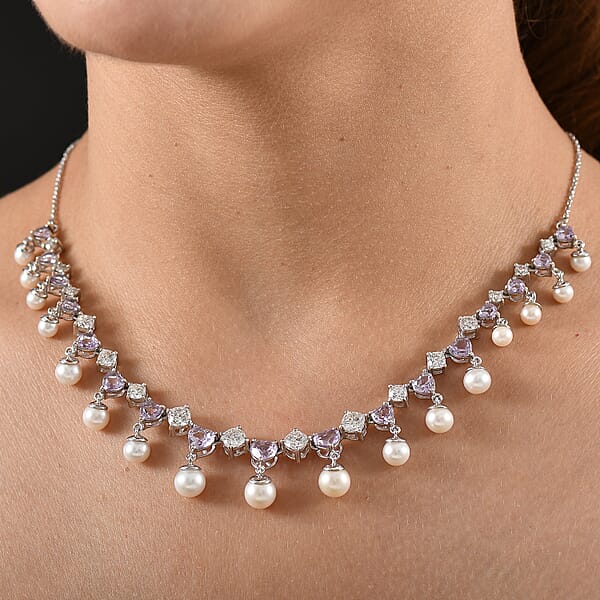 D'Joy Rose De France Aemthyst Multi Gemstone Necklace In Platinum Over Sterling Silver 12.20 Ctw (18 Inches)