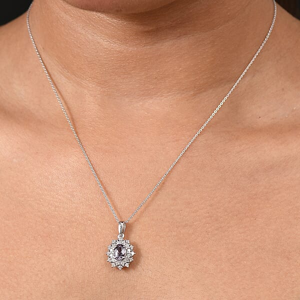 D'Joy Royal Lavender Spinel And Moissanite 1.50 Ctw Diamond Lace Pendant Necklace In Rhodium Over Sterling Silver 20 Inches