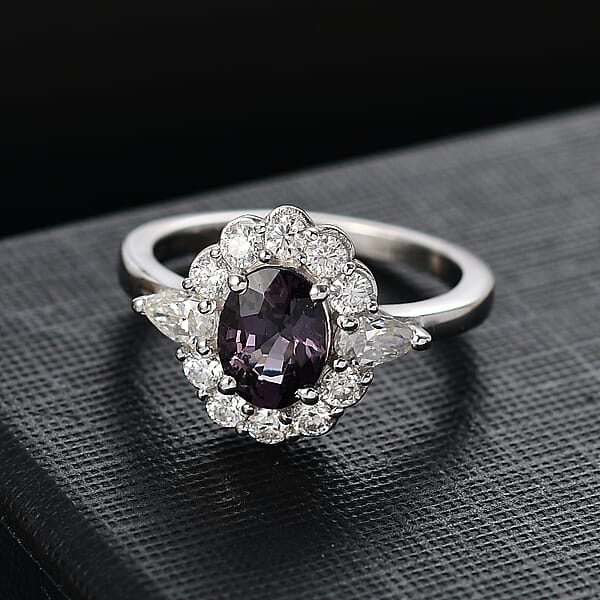 D'Joy Royal Lavender Spinel And Moissanite 2.20 Ctw Floral Ring In Rhodium Over Sterling Silver