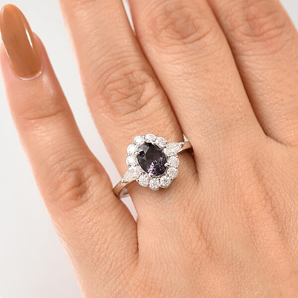 D'Joy Royal Lavender Spinel And Moissanite 2.20 Ctw Floral Ring In Rhodium Over Sterling Silver