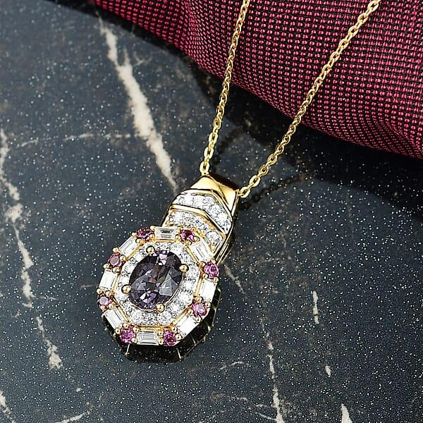 D'Joy Royal Lavender Spinel And Multi Gemstone 1.65 Ctw Art Deco Pendant Necklace 20 Inches In 18K Vermeil Yellow Gold Over Sterling Silver