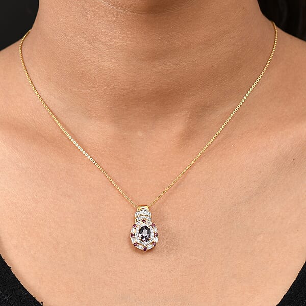 D'Joy Royal Lavender Spinel And Multi Gemstone 1.65 Ctw Art Deco Pendant Necklace 20 Inches In 18K Vermeil Yellow Gold Over Sterling Silver