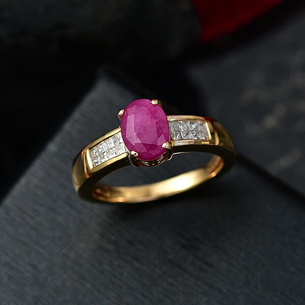 D'Joy Royal Ruby Diamond Art Deco Ring In 18K Vermeil YG Over Sterling Silver 2.15 Ctw