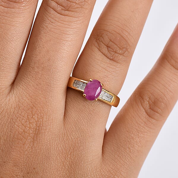 D'Joy Royal Ruby Diamond Art Deco Ring In 18K Vermeil YG Over Sterling Silver 2.15 Ctw