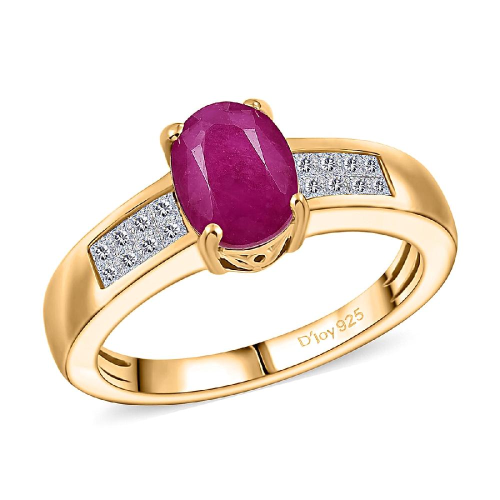 D'Joy Royal Ruby Diamond Art Deco Ring in 18K Vermeil YG Over Sterling Silver 2.15 ctw