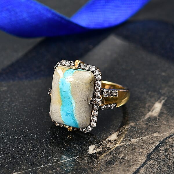 D'Joy Royston Ribbon Turquoise Champagne Zircon Ring In 18K Vermeil YG Over Sterling Silver 13.10 Ctw