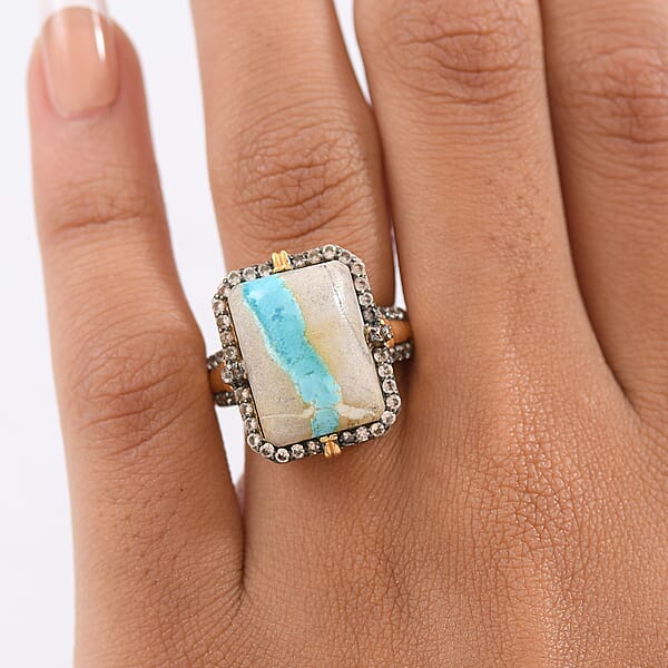 D'Joy Royston Ribbon Turquoise Champagne Zircon Ring In 18K Vermeil YG Over Sterling Silver 13.10 Ctw