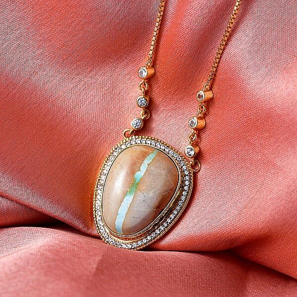 D'Joy Royston Ribbon Turquoise White Zircon Necklace In 18K Vermeil YG Over Sterling Silver 17.50 Ctw (18- 20 Inches)