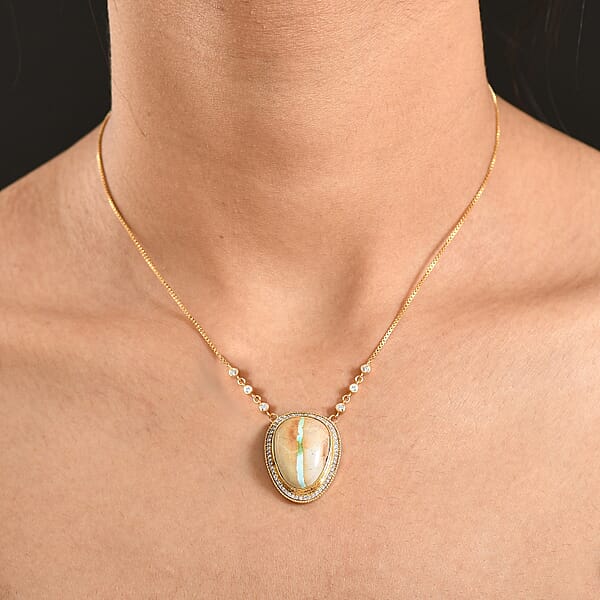 D'Joy Royston Ribbon Turquoise White Zircon Necklace In 18K Vermeil YG Over Sterling Silver 17.50 Ctw (18- 20 Inches)