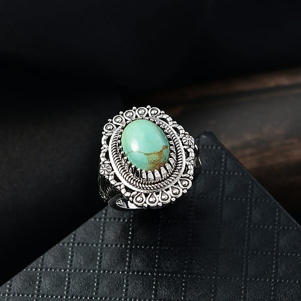 D'Joy Royston Turquoise Artisan Crafted Ring In Black Oxidised Sterling Silver 5.40 Ctw