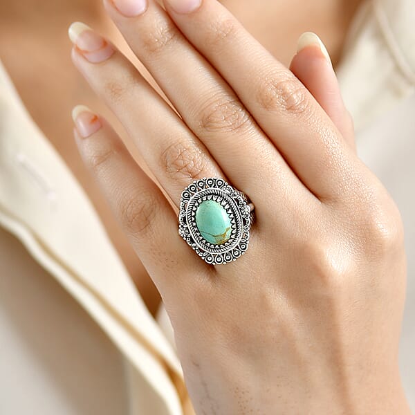 D'Joy Royston Turquoise Artisan Crafted Ring In Black Oxidised Sterling Silver 5.40 Ctw