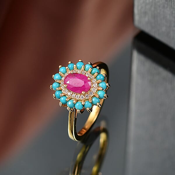 D'Joy Ruby Multi Gemstone Bloom Ring In 18K Vermeil YG Over Sterling Silver 1.80 Ctw