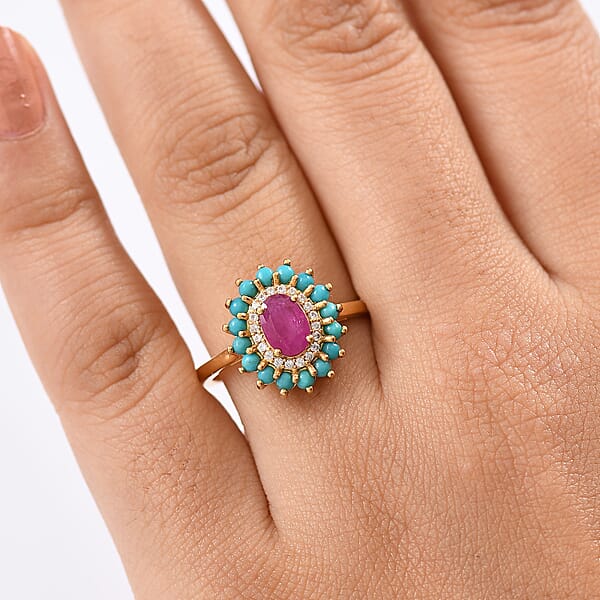 D'Joy Ruby Multi Gemstone Bloom Ring In 18K Vermeil YG Over Sterling Silver 1.80 Ctw