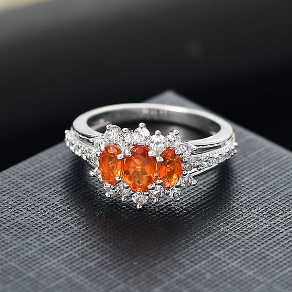 D'Joy Salamanca Fire Opal And White Zircon 1.30 Ctw Blooming Flower Ring In Rhodium Over Sterling Silver