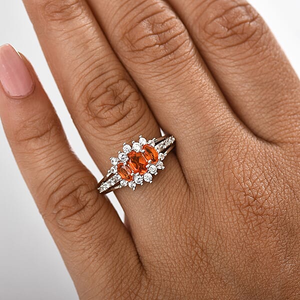 D'Joy Salamanca Fire Opal And White Zircon 1.30 Ctw Blooming Flower Ring In Rhodium Over Sterling Silver