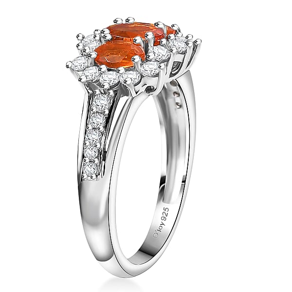 D'Joy Salamanca Fire Opal And White Zircon 1.30 Ctw Blooming Flower Ring In Rhodium Over Sterling Silver