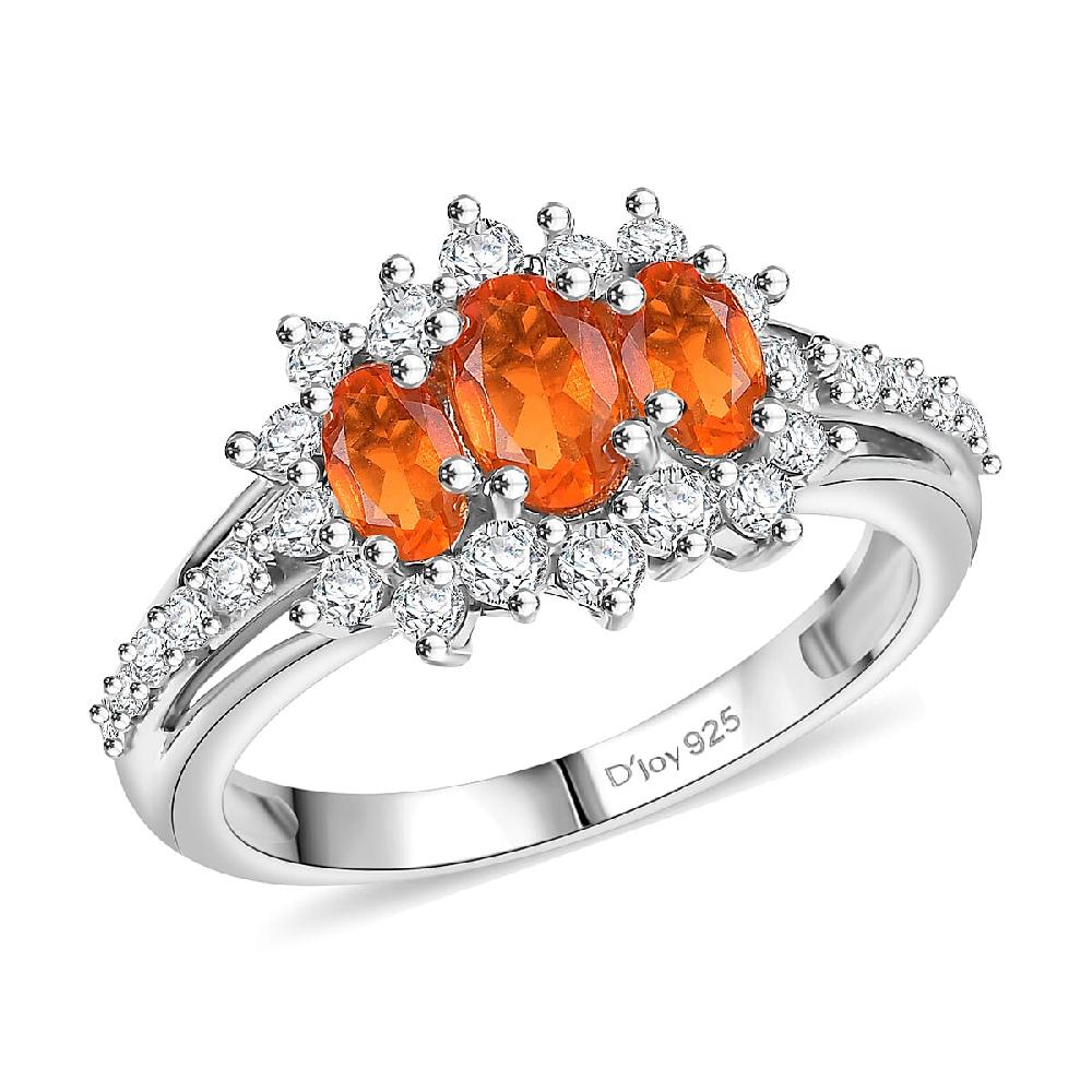 D'Joy Salamanca Fire Opal and White Zircon 1.30 ctw Blooming Flower Ring in Rhodium Over Sterling Silver