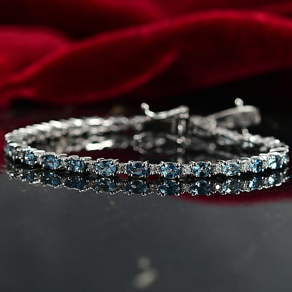 D'Joy Santa Maria Aquamarine And Moissanite 4.90 Ctw Blue Legacy Bracelet In Rhodium Over Sterling Silver (7.25 In)