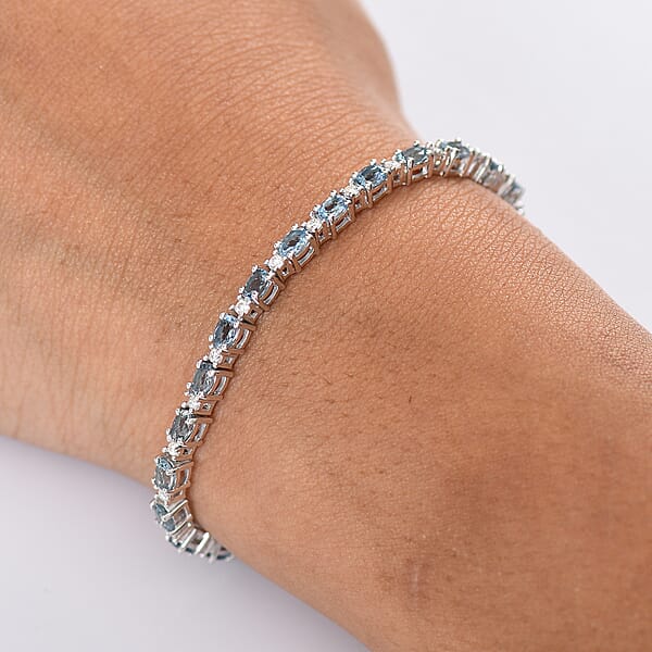 D'Joy Santa Maria Aquamarine And Moissanite 4.90 Ctw Blue Legacy Bracelet In Rhodium Over Sterling Silver (7.25 In)