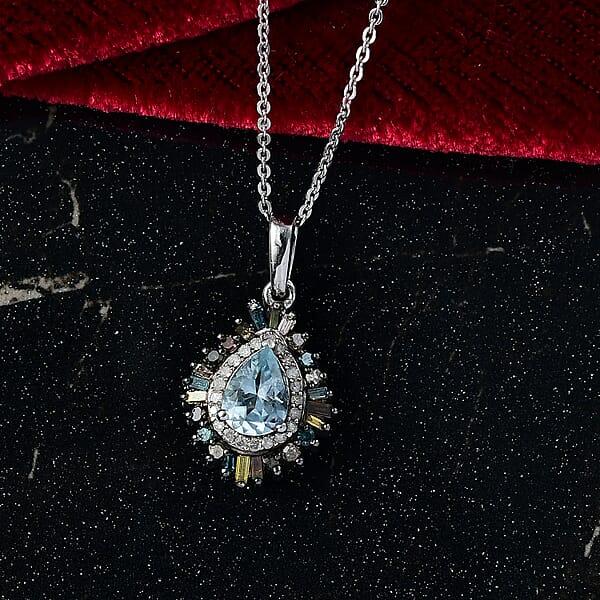 D'Joy Santa Maria Aquamarine And Multi Diamond 1.00 Ctw Firecracker Pendant Necklace 20 Inches In Rhodium Over Sterling Silver