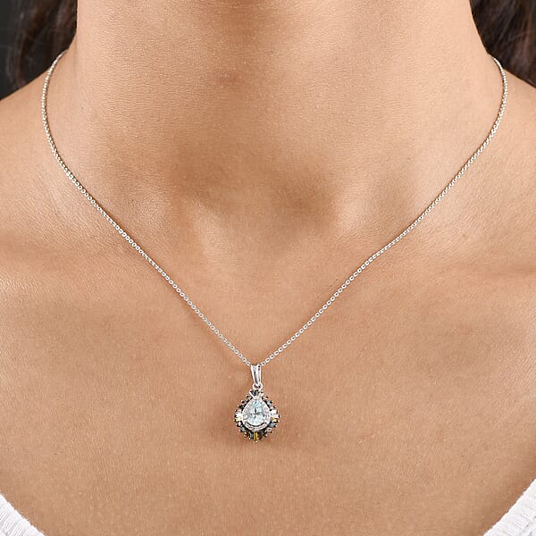 D'Joy Santa Maria Aquamarine And Multi Diamond 1.00 Ctw Firecracker Pendant Necklace 20 Inches In Rhodium Over Sterling Silver