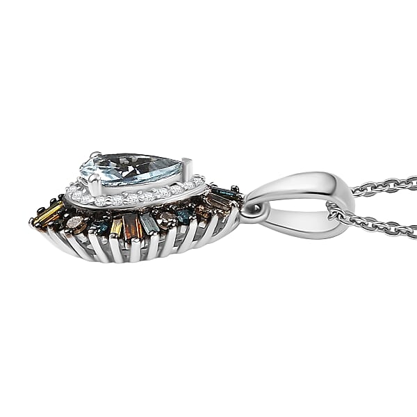 D'Joy Santa Maria Aquamarine And Multi Diamond 1.00 Ctw Firecracker Pendant Necklace 20 Inches In Rhodium Over Sterling Silver