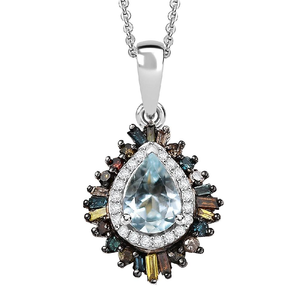 D'Joy Santa Maria Aquamarine and Multi Diamond 1.00 ctw Firecracker Pendant Necklace 20 Inches in Rhodium Over Sterling Silver