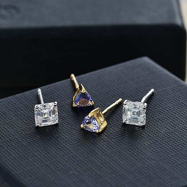 D'Joy Set Of 2 Moissanite And Tanzanite 1.80 Ctw Earrings In 18K Vermeil YG And Rhodium Over Sterling Silver