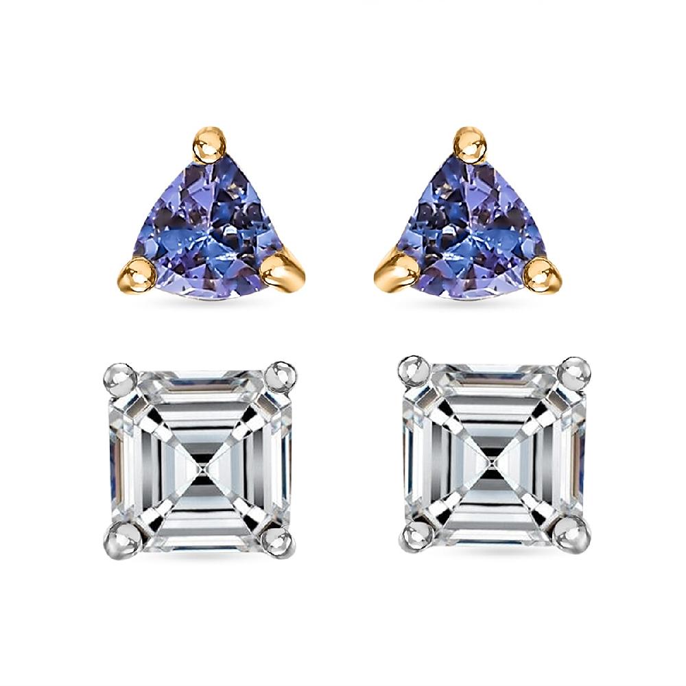 D'Joy Set of 2 Moissanite and Tanzanite 1.80 ctw Earrings in 18K Vermeil YG and Rhodium Over Sterling Silver