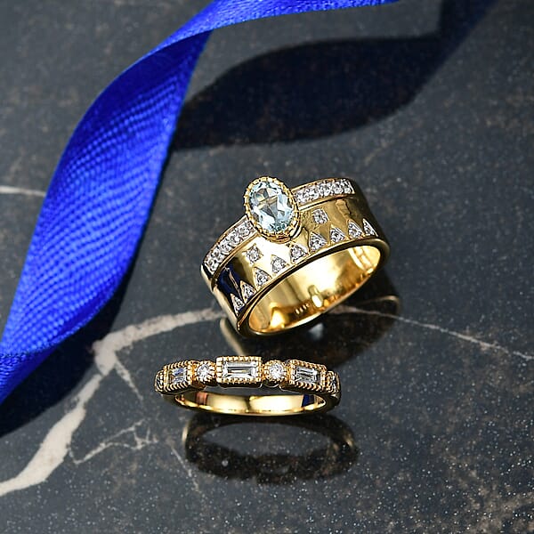 D'Joy Set Of 2 Sky Blue Topaz White Zircon Ring In 18K Vermeil YG Over Sterling Silver 1.90 Ctw