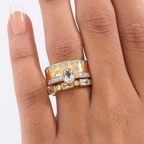 D'Joy Set Of 2 Sky Blue Topaz White Zircon Ring In 18K Vermeil YG Over Sterling Silver 1.90 Ctw
