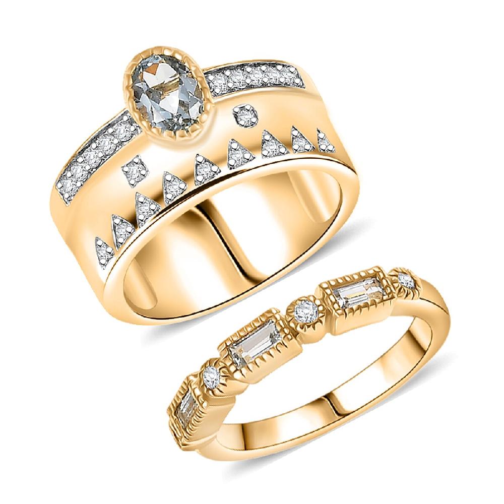 D'Joy Set of 2 Sky Blue Topaz White Zircon Ring in 18K Vermeil YG Over Sterling Silver 1.90 ctw