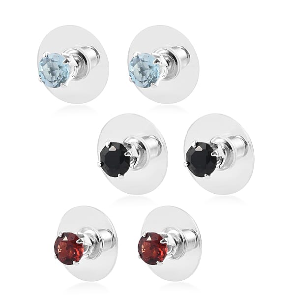 D'Joy Set Of 3 Gemstone Earrings In Sterling Silver ( Garnet Sky Blue Topaz Black Spinel) 2.74 Ctw